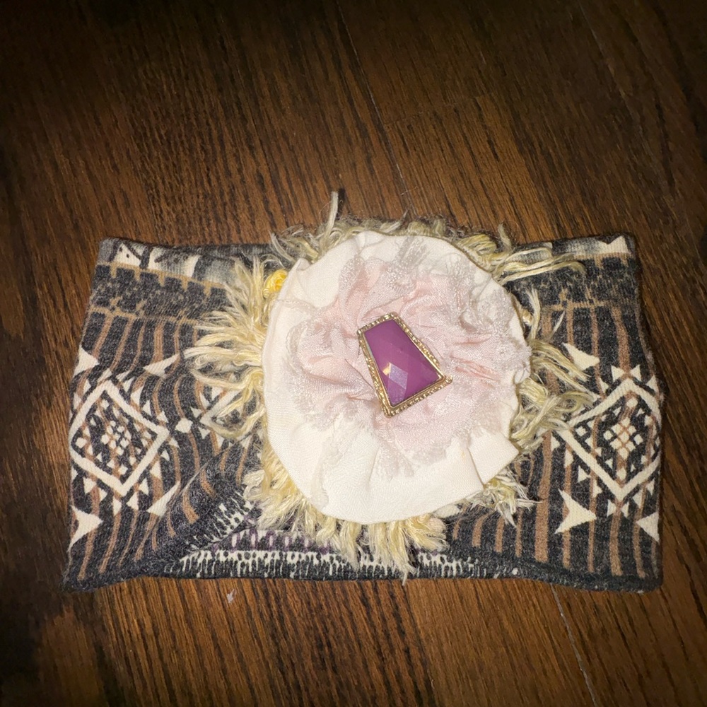 Boho Patterned Fabric Headband with Pink Gem Accent